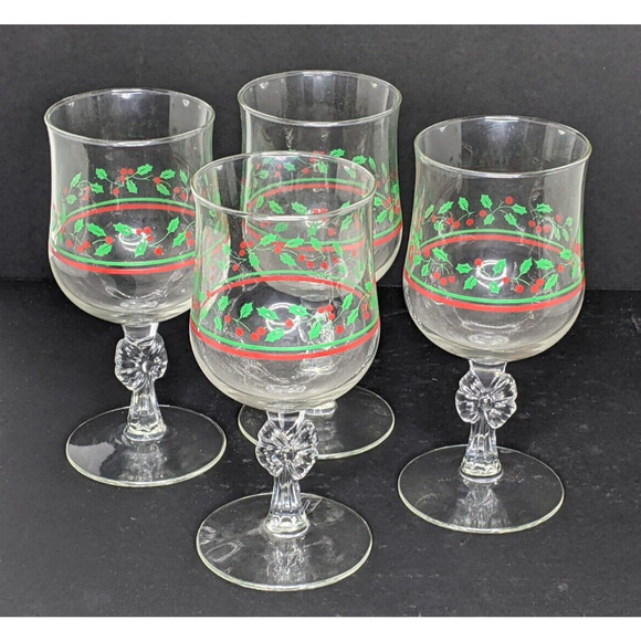 Arby's Holly Berry Bow Stem Wine Glasses Christmas Vintage 1980's Set of 4 - Picture 1 of 4